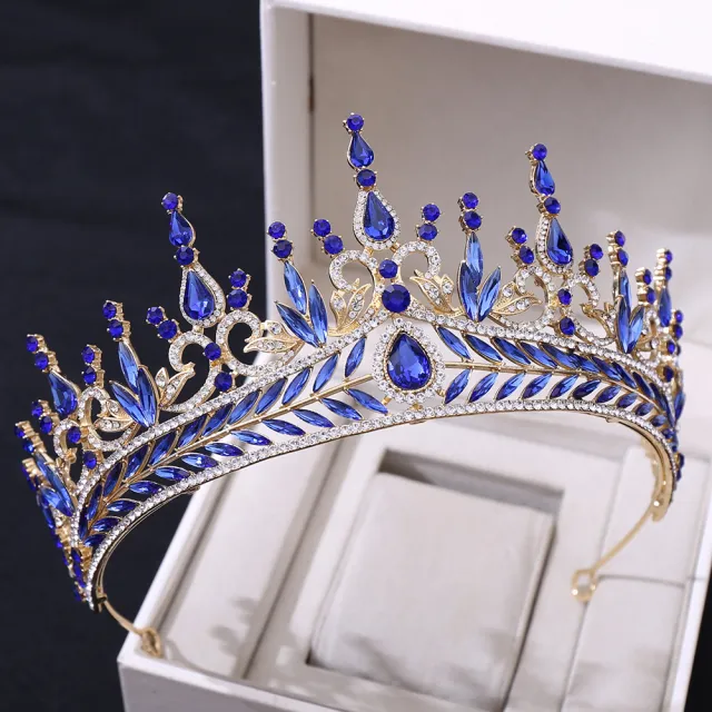 Wedding Headwear Hair Hoop Set Crystal Baroque Large Crown Gold Biue - Shop at LoveMi