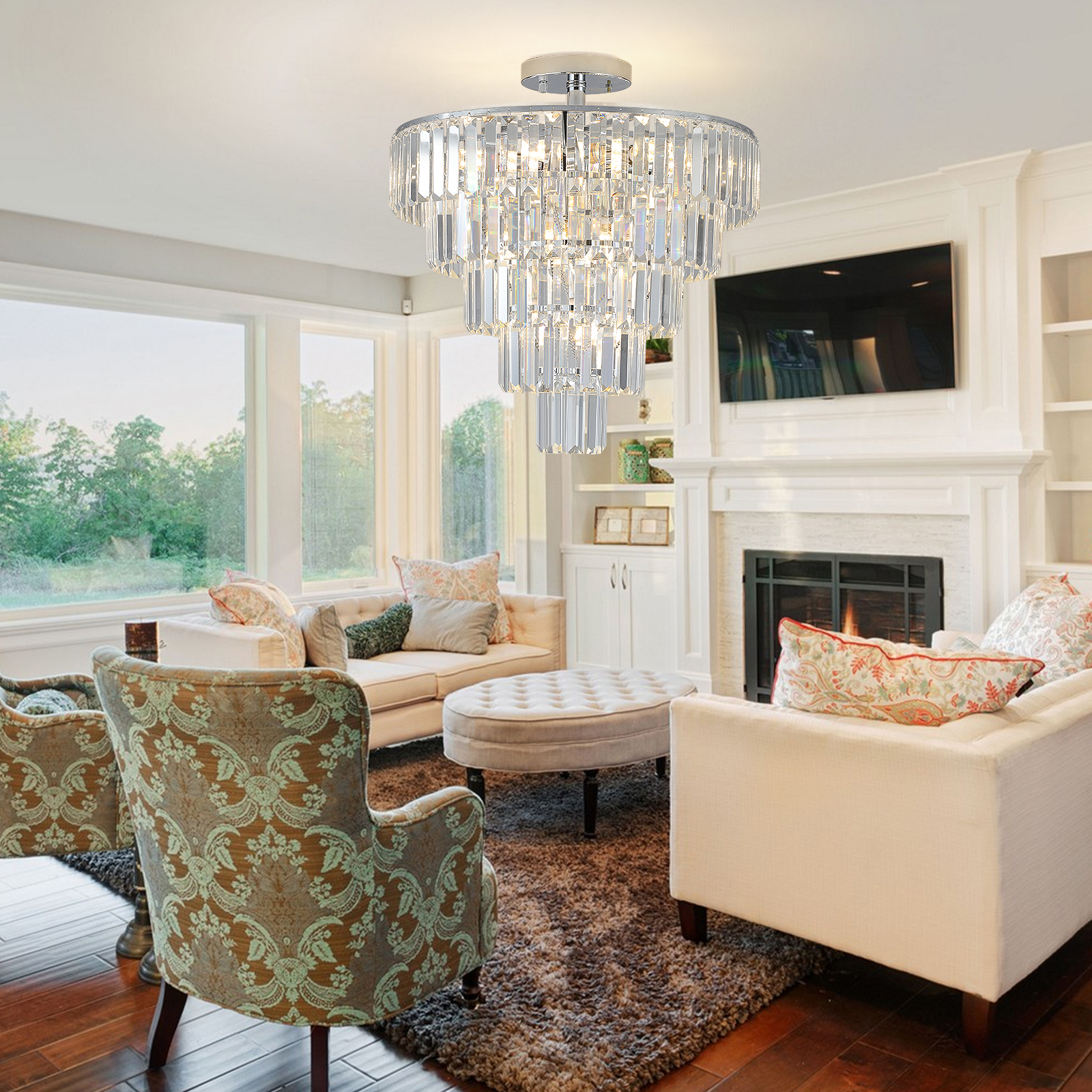 Large Crystal Chandelier In White Chrome Color, Modern Style Chandelier, Dining Room, Living Room, Bedroom  Without Bulb