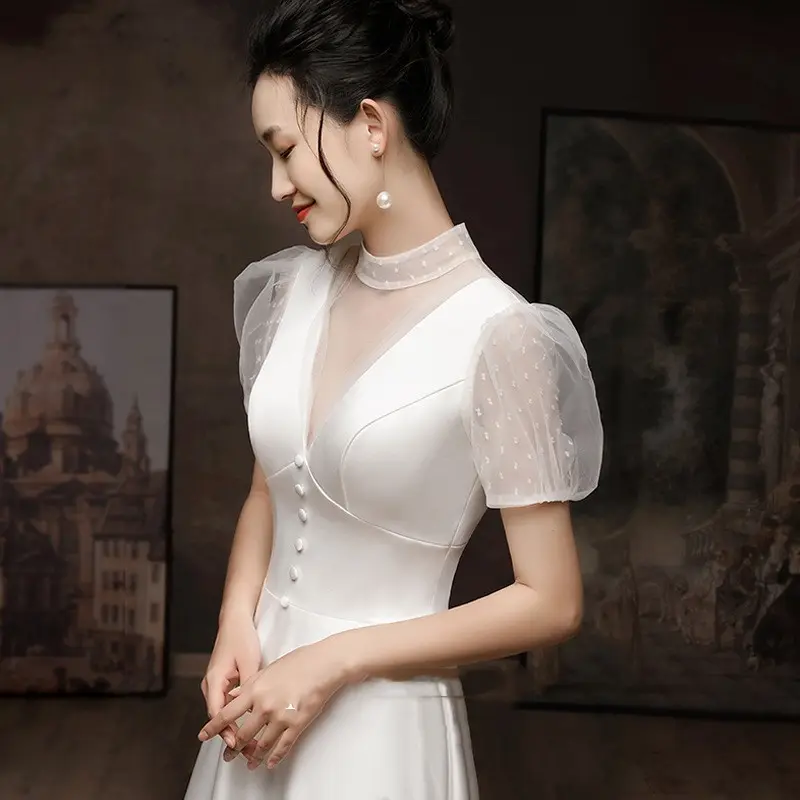 White Engagement Wedding Dress Female French Satin