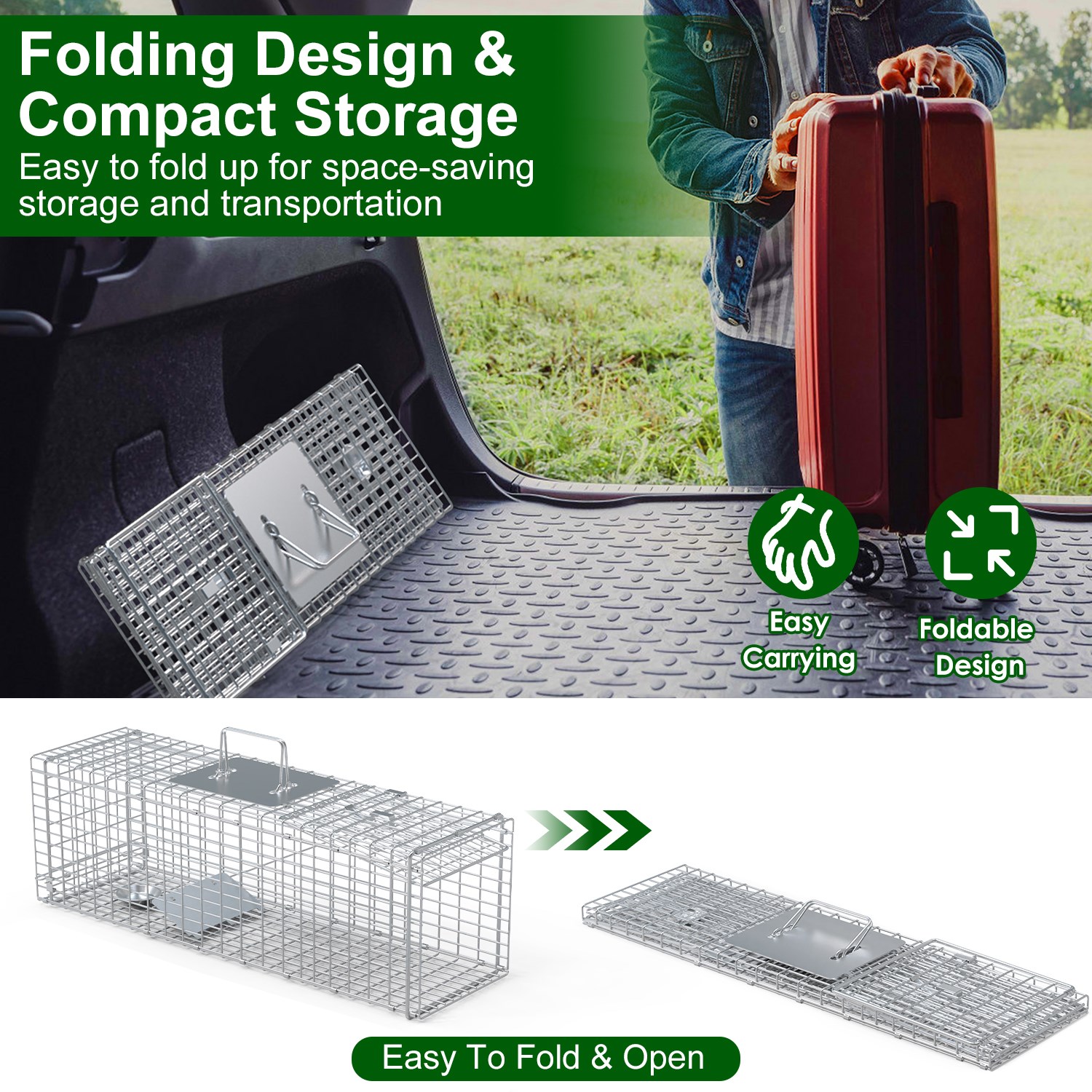Live Animal Trap Cage 27x7.5x8in Folding Catch And Release Steel Humane Cat Trap For Racoons Stray Cats Rabbits Beavers Hedgehogs Chipmunk Small Animals