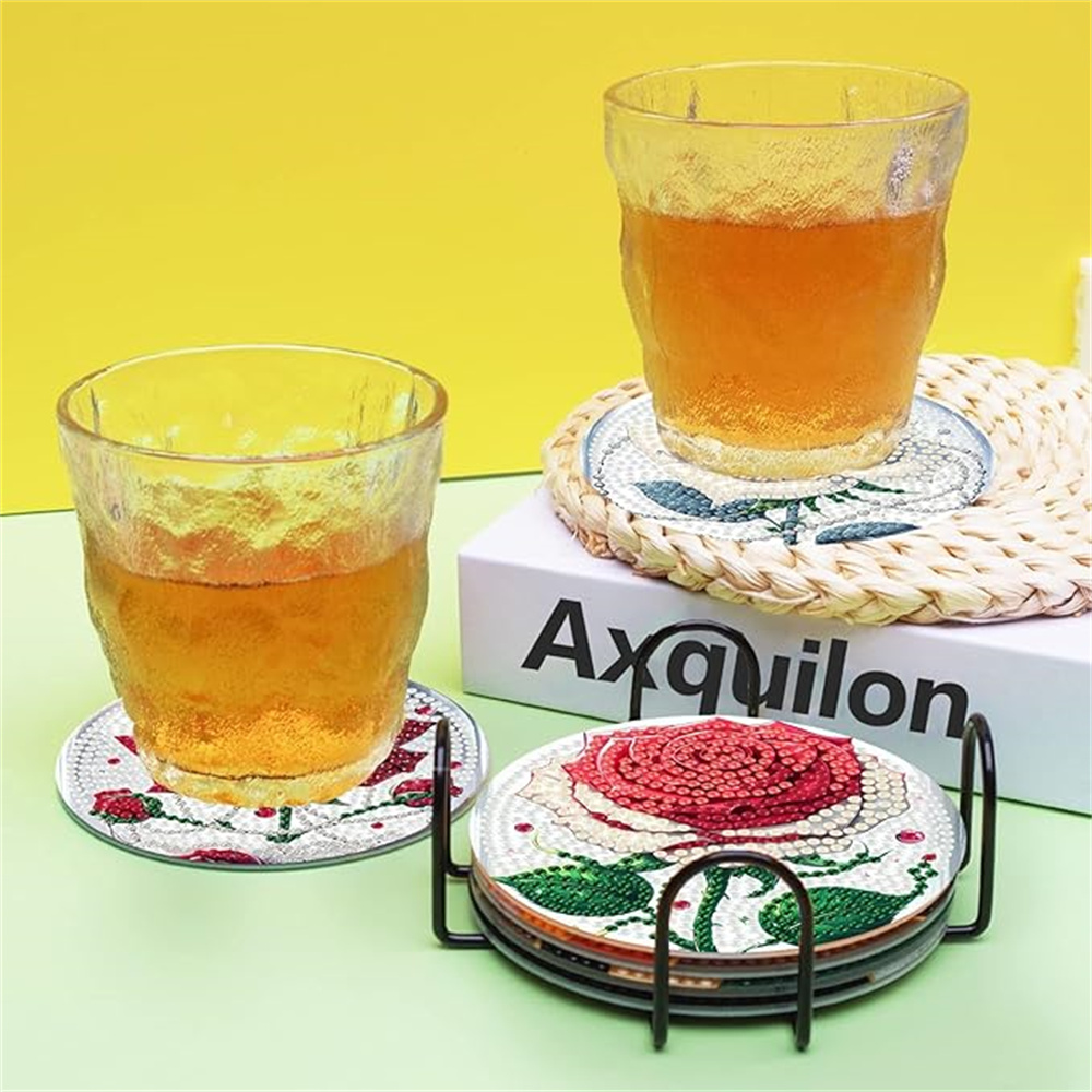 Diamond Art Drawing Coaster With Bracket, DIY Rose Pattern Diamond Art Coaster, Suitable For Adults And Beginners Diamond Drawing Kit, Diamond Kit Craft Supplies, Exquisite Gifts For Friends