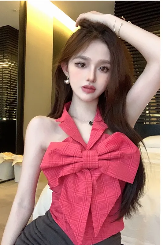 Backless Slim Fit Halter Short Sleeveless Outer Bow Vest Tops - Shop at LoveMi