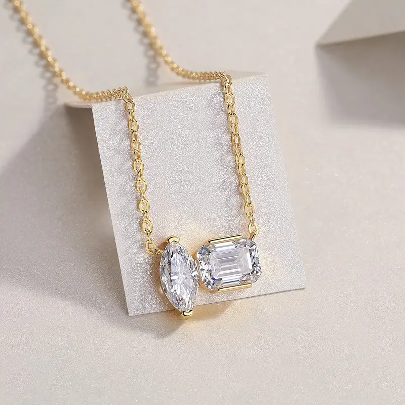 Double Diamond Shadow - Set With Two Octagonal Horse Eye Moissanite S925 Sterling Silver And Gold-plated Pendant, 3g Sterling Silver Jewelry--Prohibit TikTok Sa