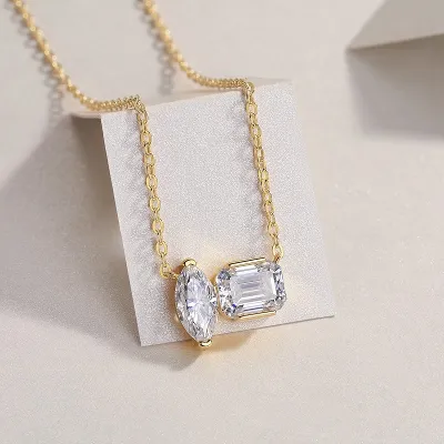 Double Diamond Shadow - Set With Two Octagonal Horse Eye Moissanite S925 Sterling Silver And Gold-plated Pendant, 3g Sterling Silver Jewelry--Prohibit TikTok Sales
