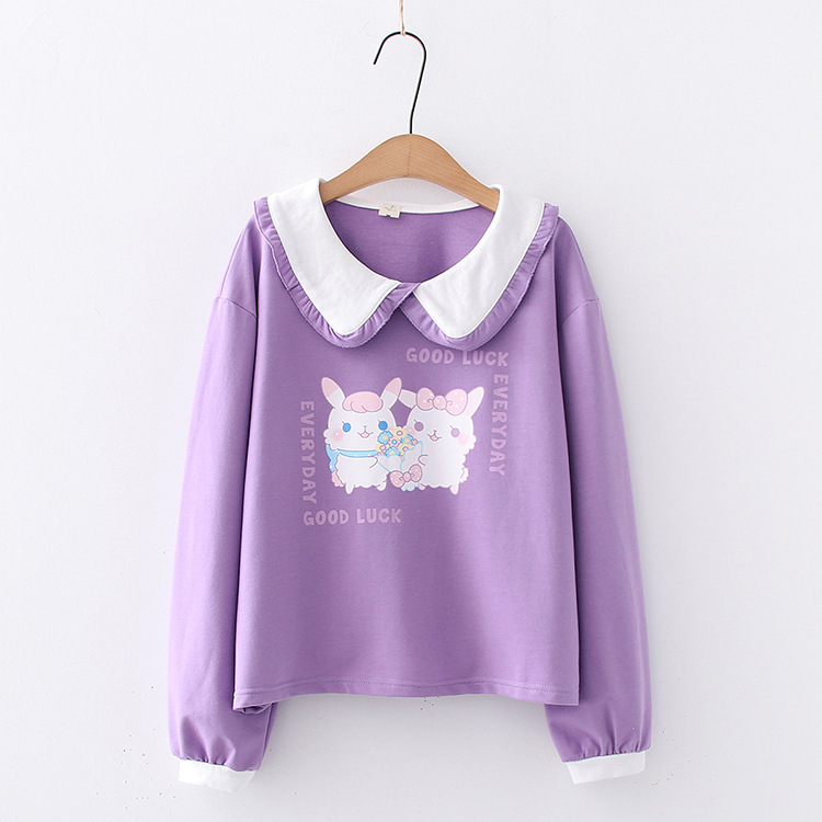 Title 7, Japanese Lace Lapel Two Rabbit T-shirt Women