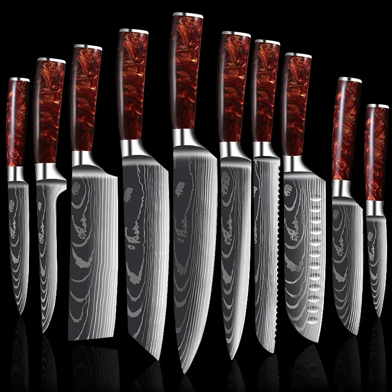 Red Resin Handle Damascus Laser Pattern Set