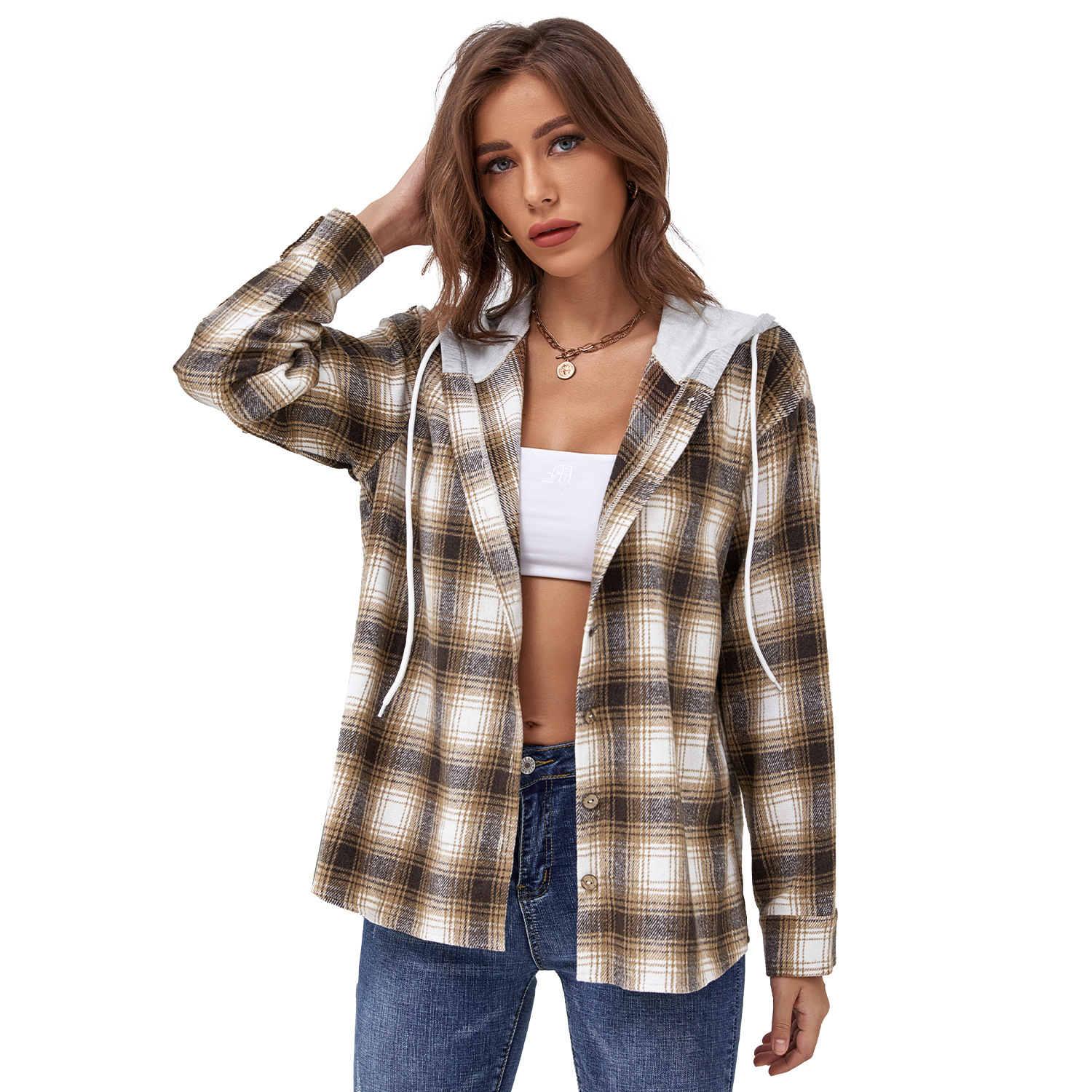 European And American Casual Retro Check Lapel Long-sleeved Shirt Women