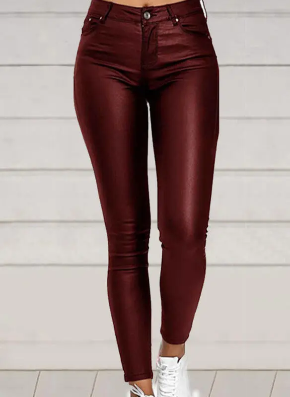 Pure Color PU Sexy Leather Pants Casual Feet Pants Women Red - Shop at LoveMi