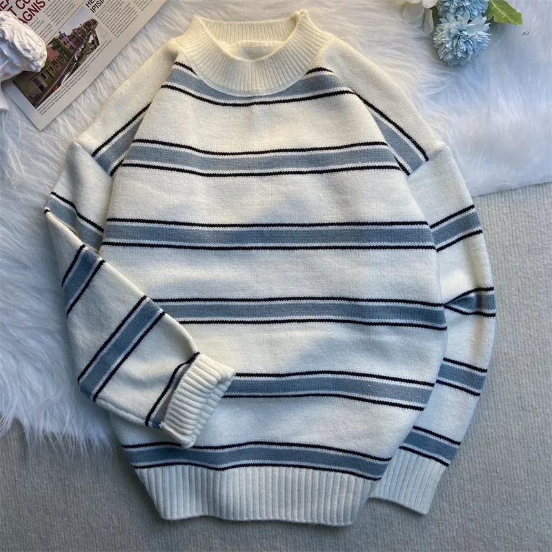 Striped Crewneck Sweater Men's Autumn And Winter Style - White