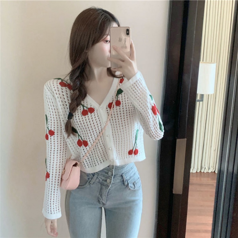 Title 5, Hollow Sweet V Neck Long Sleeved Knitted Cardig...