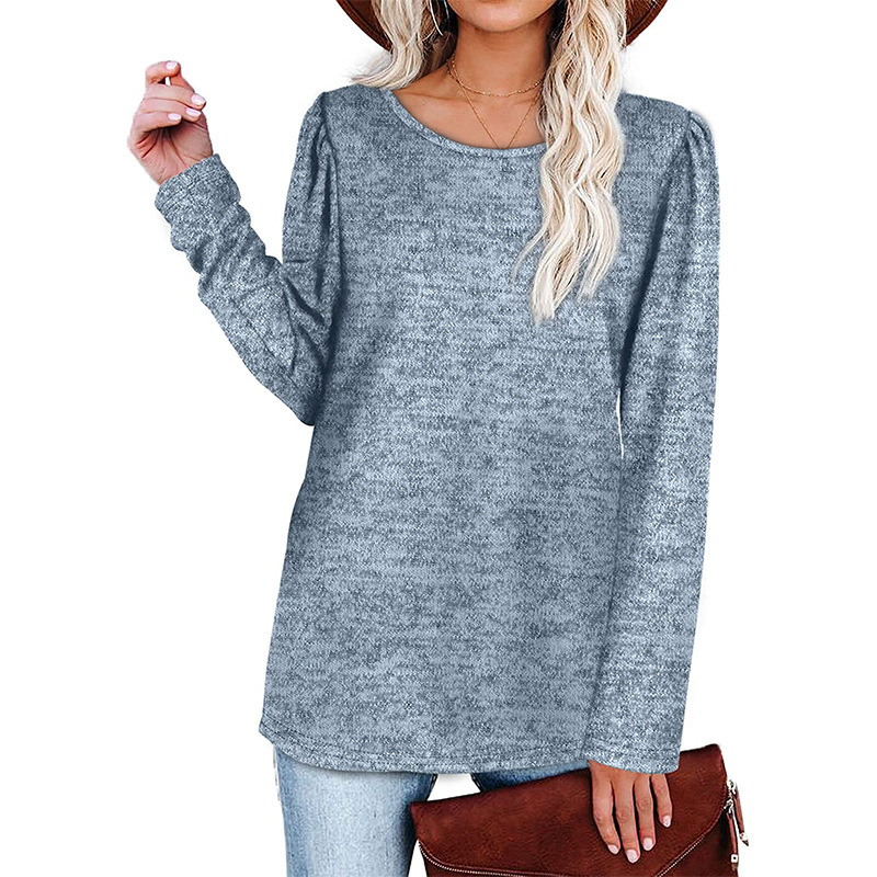 Round Neck Solid Color Long-sleeved Top Pleated Casual Loose T-shirt