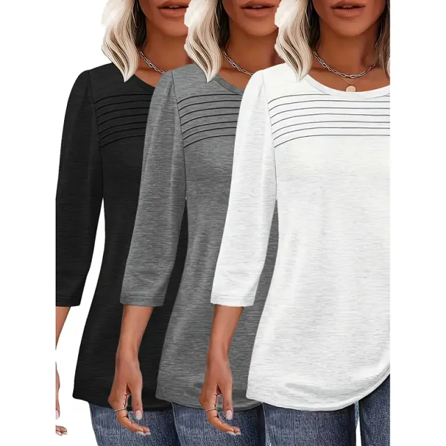 Women's 3 Pack 3 4 Sleeve Tunic Tops, Round Neck Pleated Blouse, Dressy Casual Shirts For Spring Summer Fall Black Gray White - Shop at LoveMi