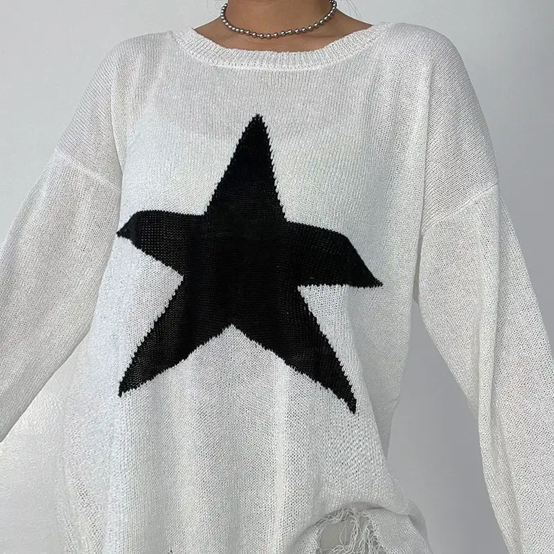 Simple Black And White Star Woolen Blouse For Women's Fashion