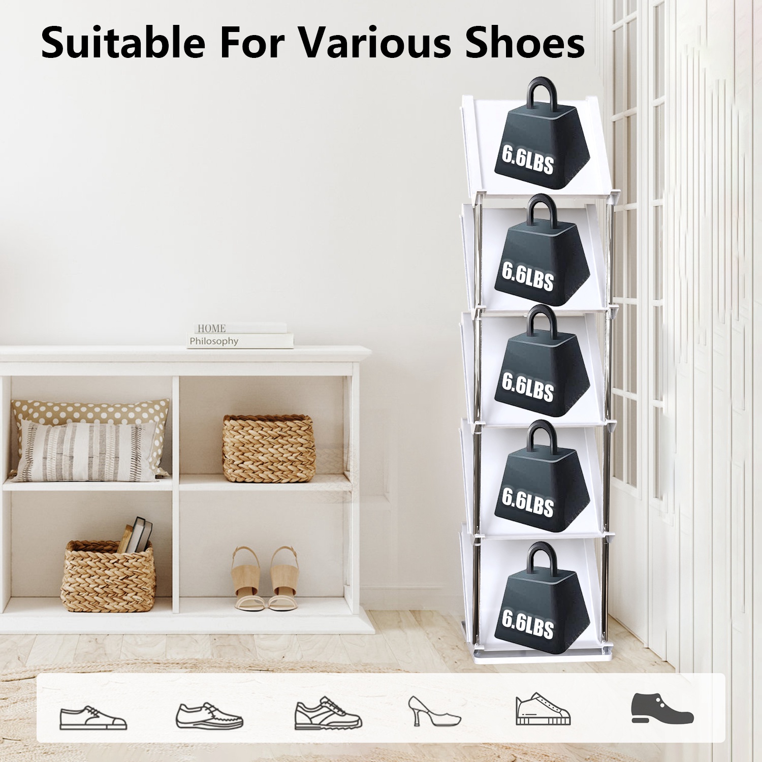 8 Tier Vertical Shoe Rack Narrow Free Standing Storage Organizer For Entryway Space-Saving Stackable Shoe Holder Corner Shoe Tower For Entryway Bedroom Hallway Living Room