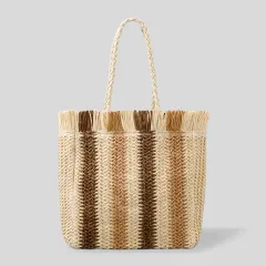 Handmade Straw Casual Commuter Tote Striped Fringe Shoulder Bag - Beige - View 1