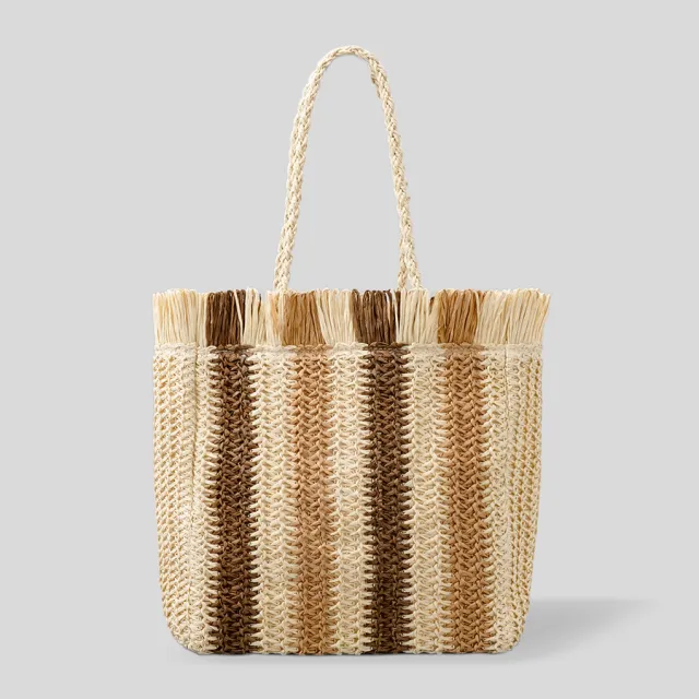 Handmade Straw Casual Commuter Tote Striped Fringe Shoulder Bag Beige - Shop at LoveMi