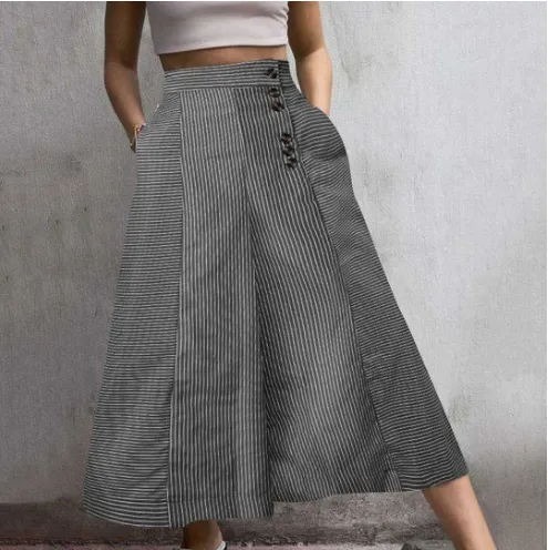 New Style Decorative Buckle Irregular Stripes Loose Loose Casual Wide Leg Trousers Black - Shop at LoveMi