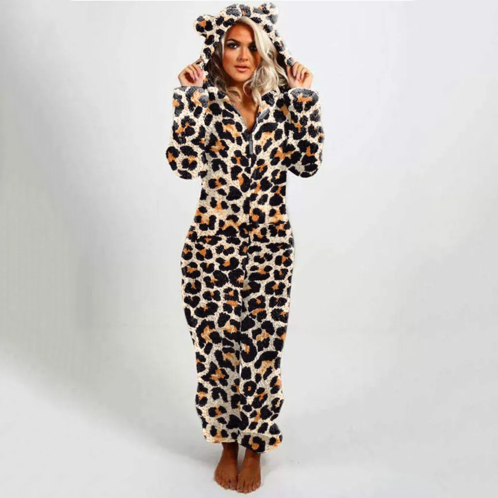 Ladies Hooded Slim-fit Plaid Double-sided Velvet Casual Jumpsuit - Brown Leopard Print