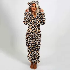 Ladies Hooded Slim-fit Plaid Double-sided Velvet Casual Jumpsuit - Brown Leopard Print - View 1