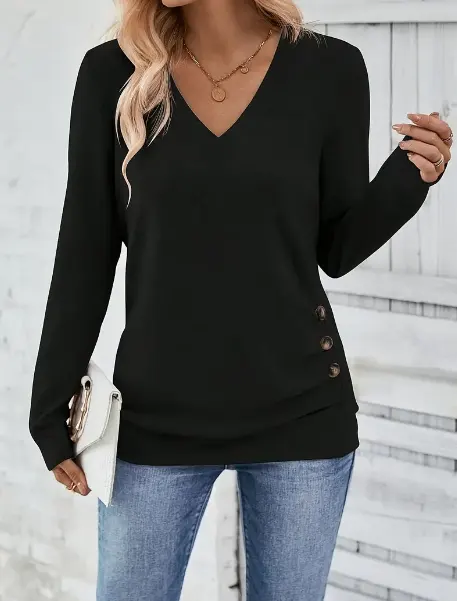Button Front V Neck Long Sleeve Blouse