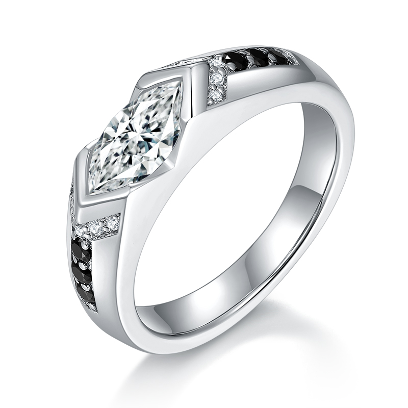 S925 Sterling Silver 1ct Marquise Moissanite Men's Ring, Geometric Silver With Black Accents, Platinum Plated, US Sizes 5-9, GRA Certificate Gift Box