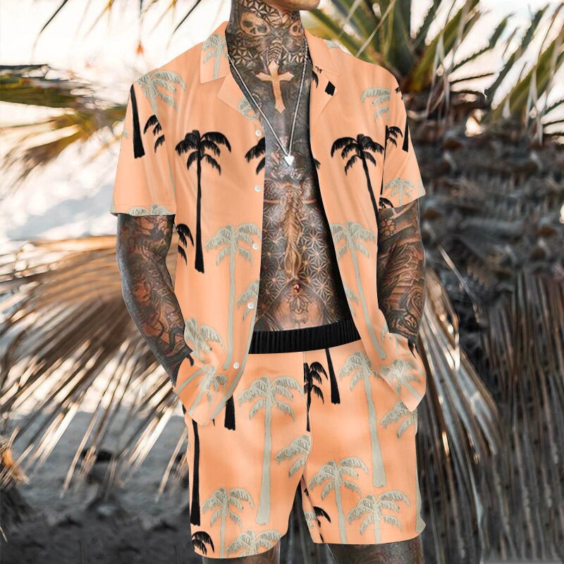Flame Love Pattern Casual Beach Pants Short Sleeve Shirt Men's Summer Loose Suit