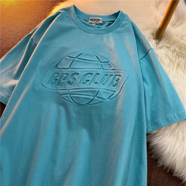 Combed Cotton 3D Three dimensional Letter T shirt Women's Concavo convex Word Loose Student Shirt Bottoming Shirt Blue - Shop at LoveMi