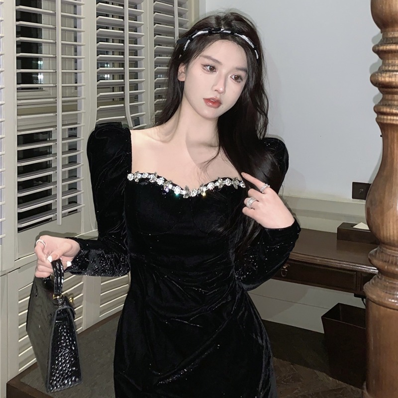 Black Hepburn Gold Velvet Autumn Dress