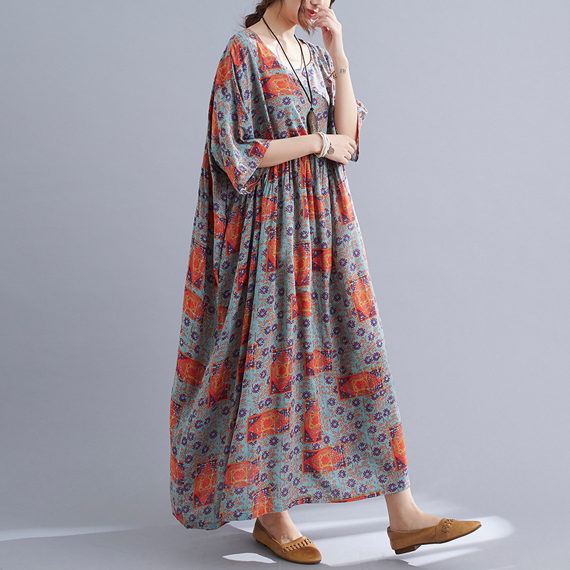 Loose  Slim Printed Cotton And Linen Short-sleeved Dress