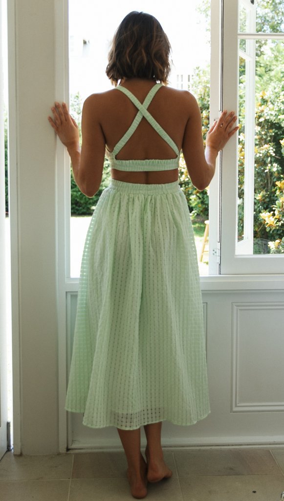 Cropped Elastic Back Ribbon Long Dress