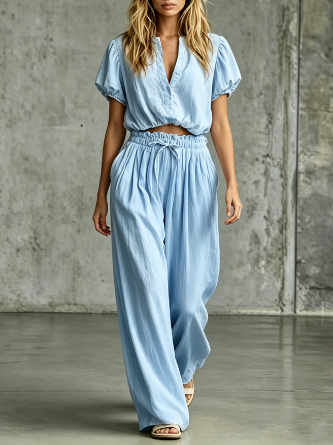 2026 New Light Blue Bubble Sleeve V-neck Short Top Elastic Waist Wide Leg Pants Set