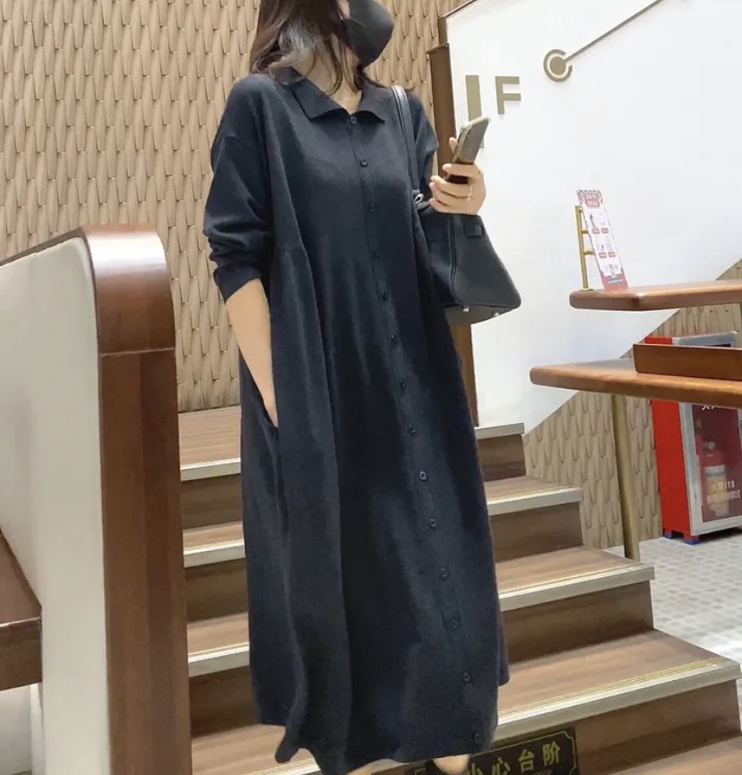 Plus Size Women's Sweater Long Skirt Black Long-sleeved Knitted Dress