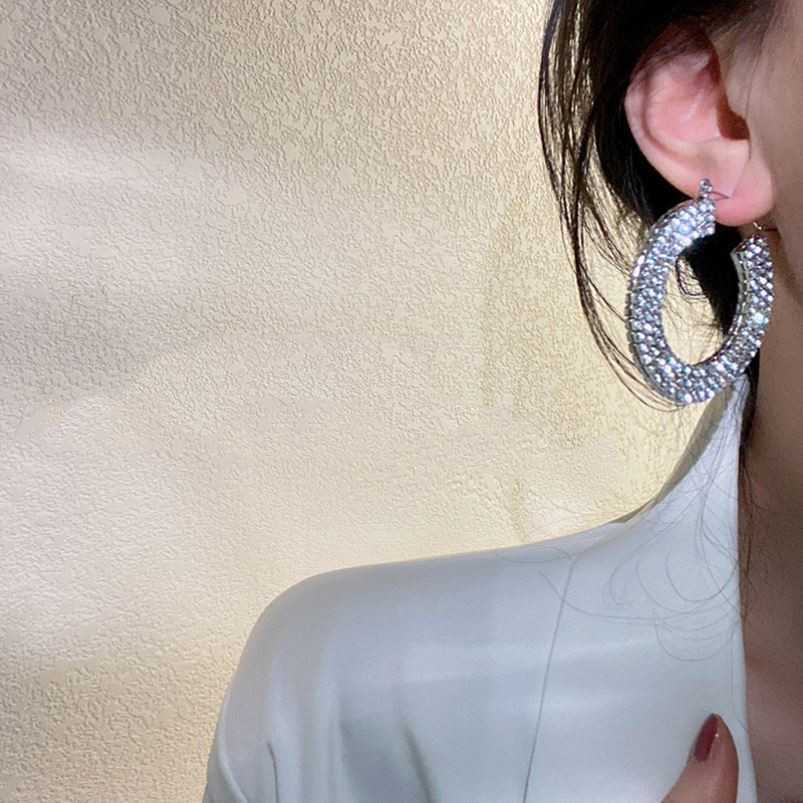 S925 Silver Needle Geometric Full Diamond Ear Buckle Exaggerated Fashion Earring Temperament