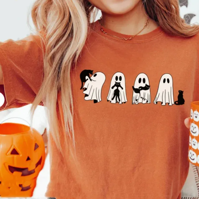 European And American Cat Ghost Digital Printing Casual Round Neck Short Sleeves T shirt Orange - Shop at LoveMi