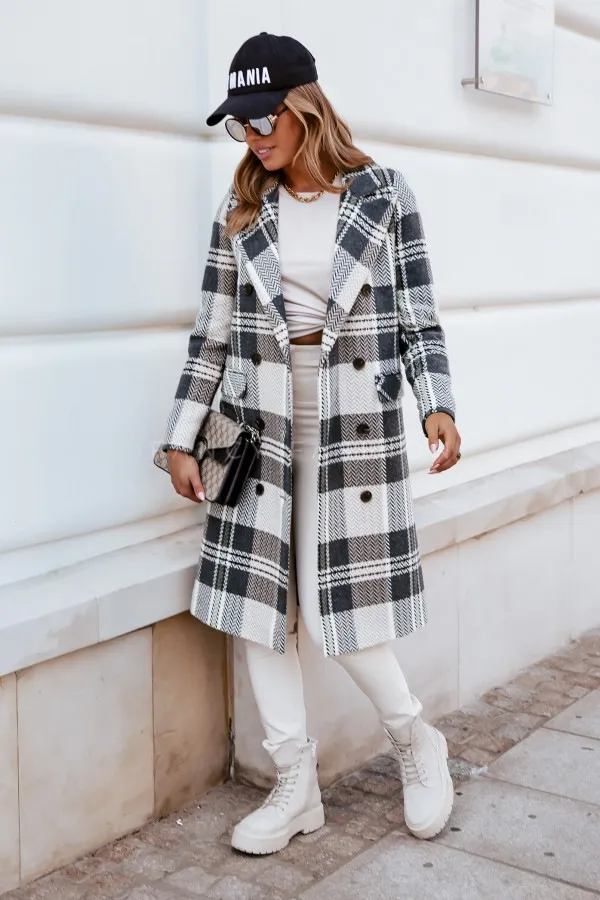 European And American Fashion Plaid Woolen Coat Grey - Shop at LoveMi