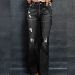 European And American High Waist Slim Denim Washed And Frayed Wide Leg Pants Trousers - Black - View 1