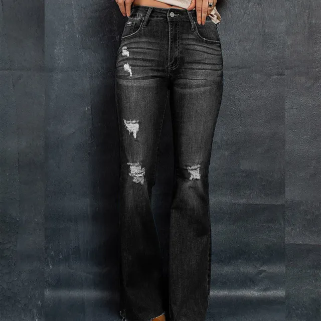 European And American High Waist Slim Denim Washed And Frayed Wide Leg Pants Trousers Black - Shop at LoveMi