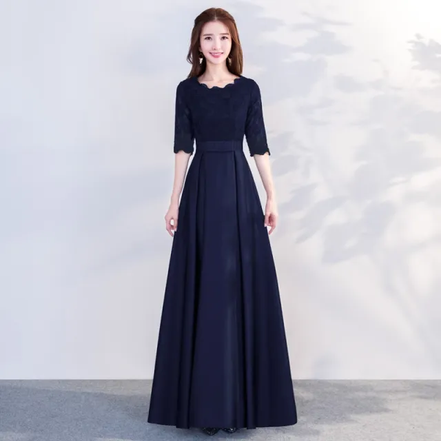 The End Elegant Long Sleeve Thin Company Annual Meeting Black Dress Dress Long Section Round Neck Navy Long - Shop at LoveMi