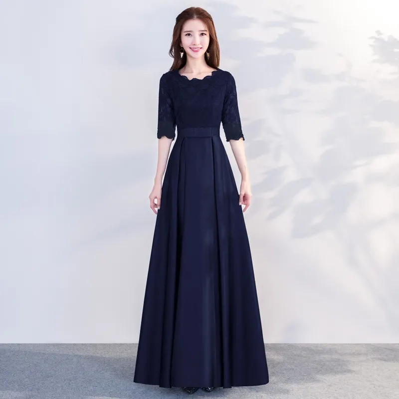 The End Elegant Long Sleeve Thin Company Annual Meeting Black Dress Dress Long Section - Round Neck Navy Long