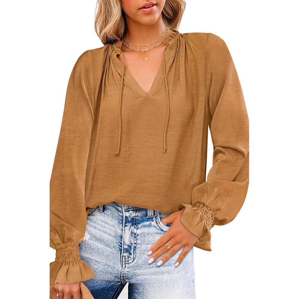 Pullover Long Sleeve Loose Slim Solid Color Chiffon Shirt Top - Orange