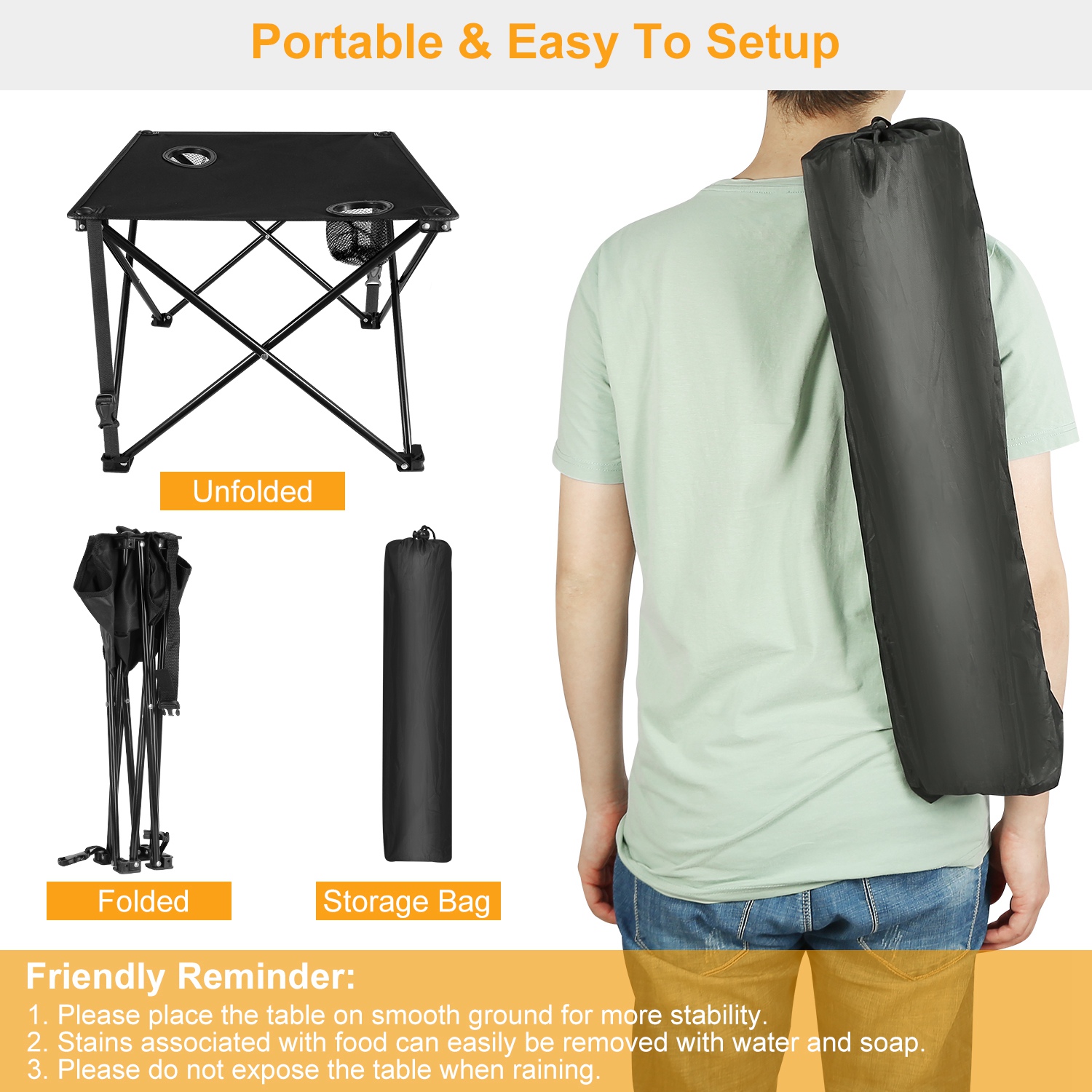 1Pc 2Pc Options Foldable Camping Table Portable Picnic Table Lightweight Travel Desk With 2 Cup Holders Carrying Bag Color Options Black Orange Green Red Blue Navy Blue image 3
