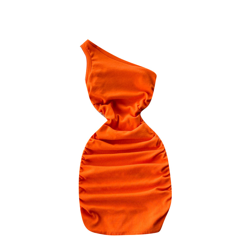 Women's Slanted Shoulder Tube Top Pleated Solid Color Dress - 2