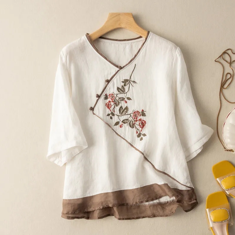 Women's Ethnic Style Cotton Linen Embroidered V-neck Shirt