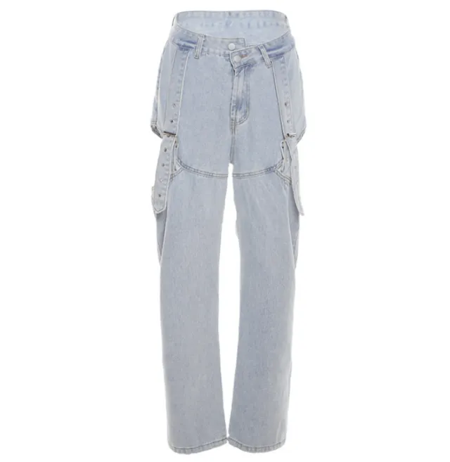 Loose fitting Casual Denim Wide leg Pants Blue - Shop at LoveMi