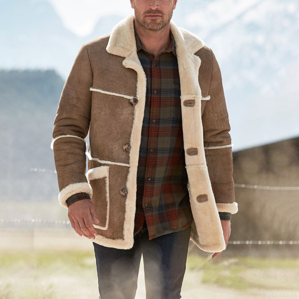 Large Brown Fur Collar Plus Velvet Thickening Men's Slim Single Breasted