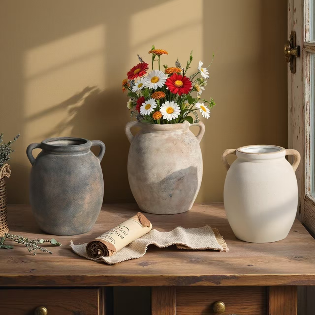 Vintage Ceramic Flower Pot Vase With Handle, Decorative Water Cultivation Jar, Home Decoration Ornament, 1pc Creative Design