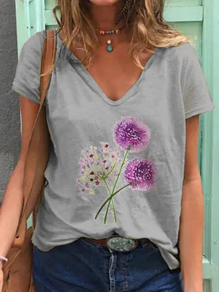 Dandelion Print Short sleeved V neck T shirt Grey - Shop at LoveMi