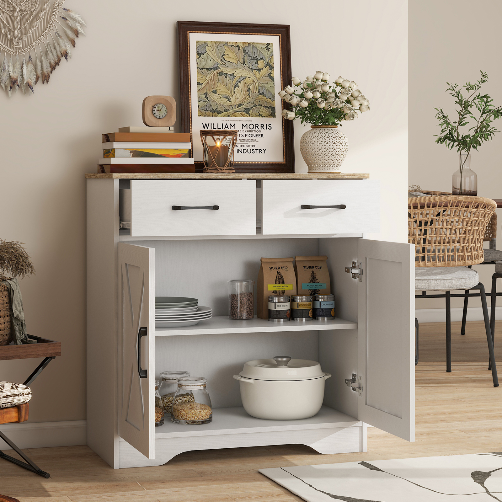 Wooden Storage Cabinet Rustic Organizer For Living Room Kitchen Free-Standing 2 Doors 2 Drawers Hallway Farmhouse Style