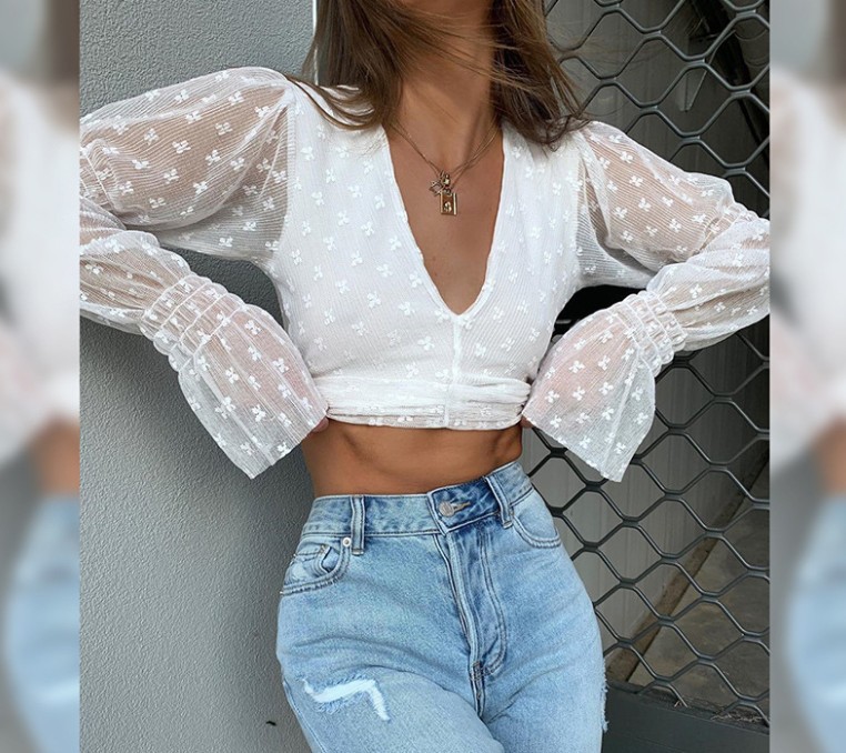 Long-sleeved Sexy V-neck Flared Sleeves Big  Back Umbilical Lace-up Lace T-shirt