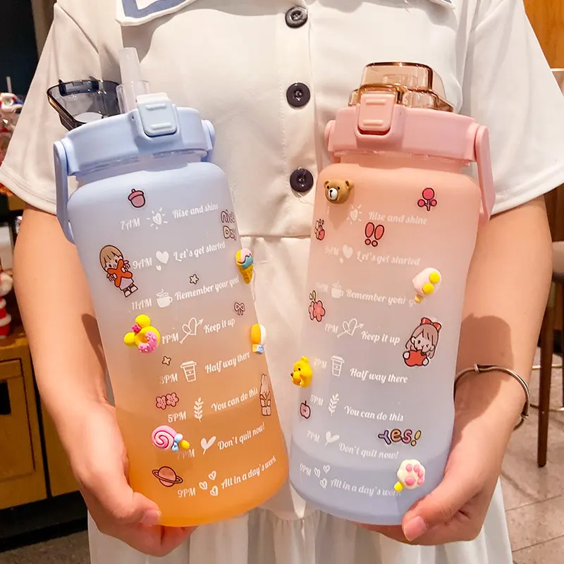 Stickers Water Bottle with Straw 2000ml Cute Portable Scale